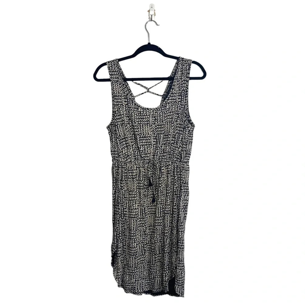 Lucky Brand Tan & Black Linen Blend Printed Drawstring Knee-length Dress Small